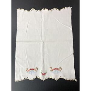 Vintage Tea Towel Embroidered Flowers in Basket Red Orange Retro Shabby Chic